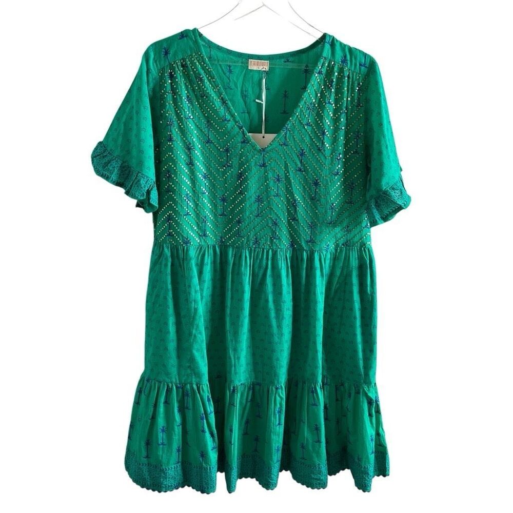 NWT‎ LulaSoul Green 100% cotton Sequined Shift dress Palm Tree Large
